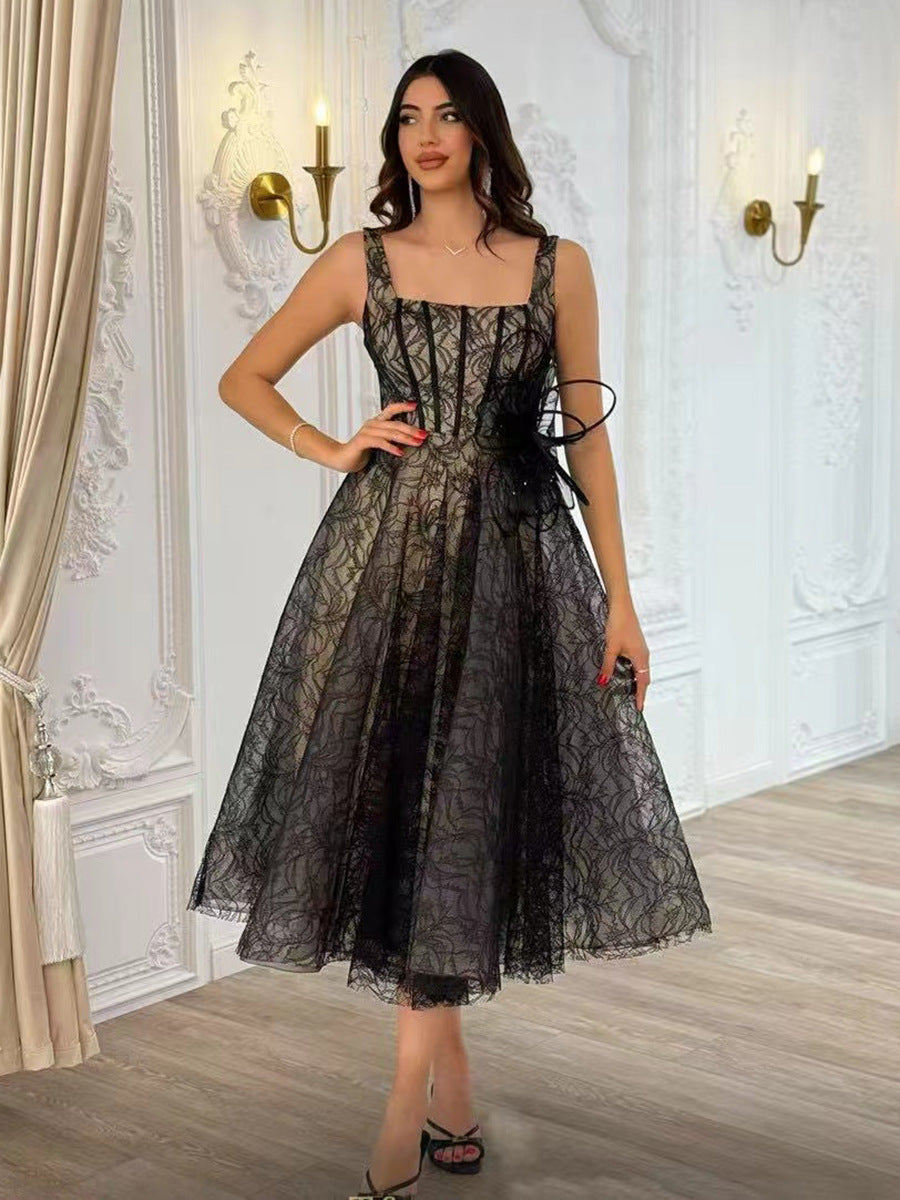 Women French Retro Summer Suspender Maxi Fishbone Lace Dress 3