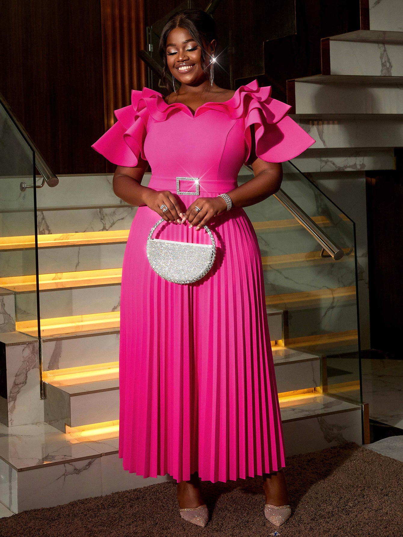 Plus Size Women elegant ruffle pleated party Dress 6