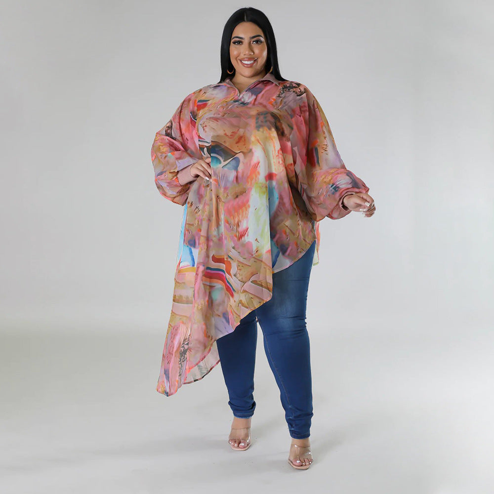 Plus Size Women Long Sleeve Round Neck Sexy Printed Chiffon Top 3