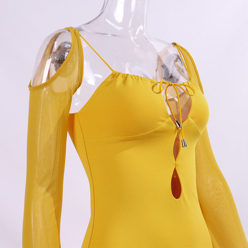 Women Long Sleeve Lace Up Hollow Out Long Sleeve Dress 9