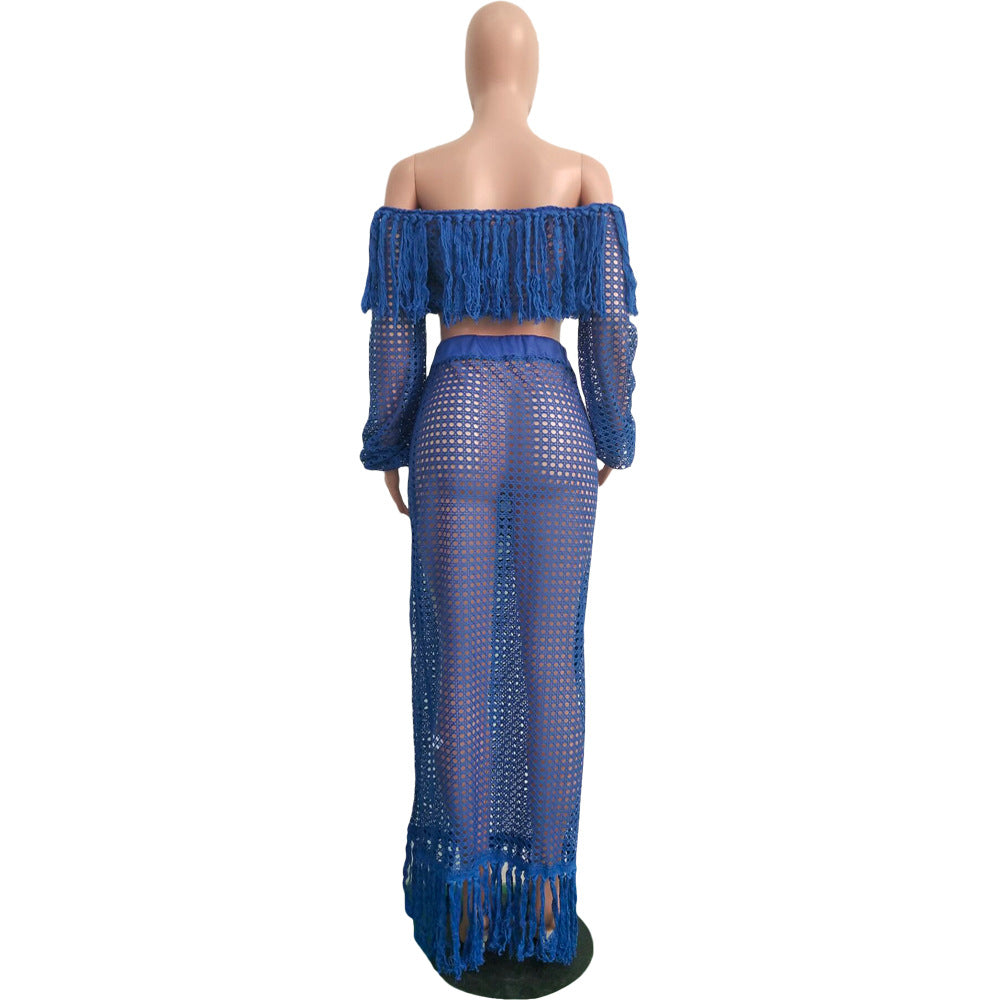 Summer Hollow Sexy Fashion Mesh Tassel See-Through Two-Piece Skirt Set 38