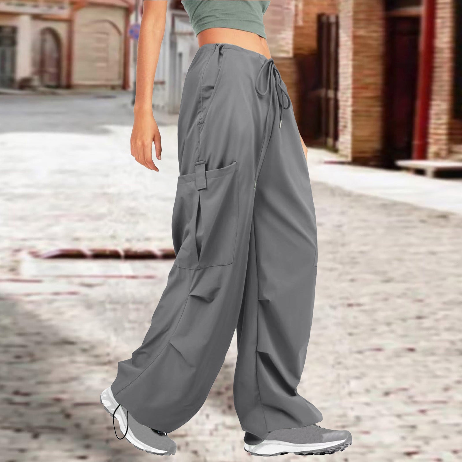 Women Solid Drawstring Casual Loose Athletic Cargo Pants 12