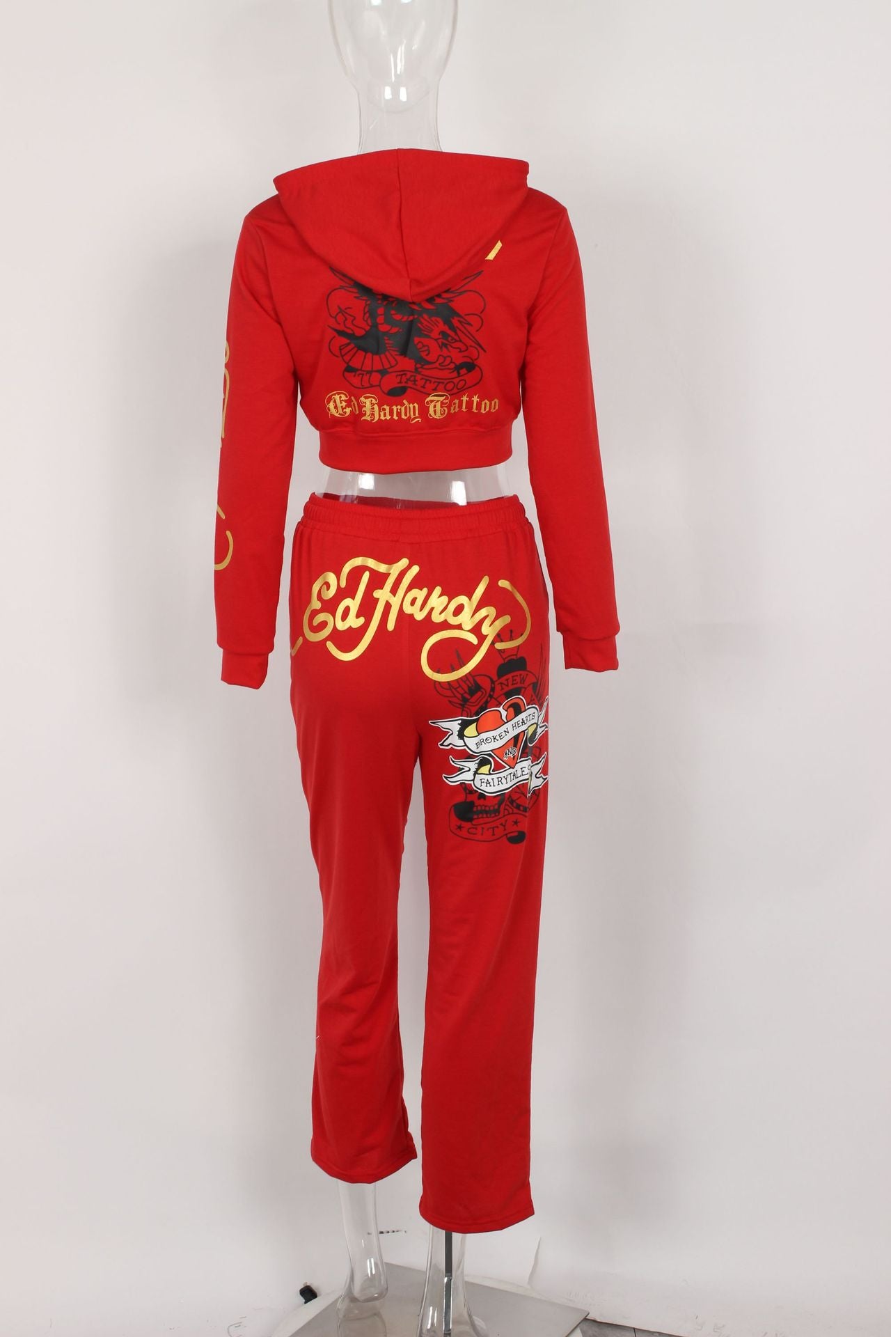 Fashionable street printed zipper short hoodies high waist straight trousers two piece set 19