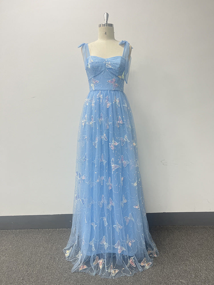 Tie Strap Evening Dress A-Line Mesh Butterfly Pattern Embroidered Elegant Birthday Long Party Dress 12