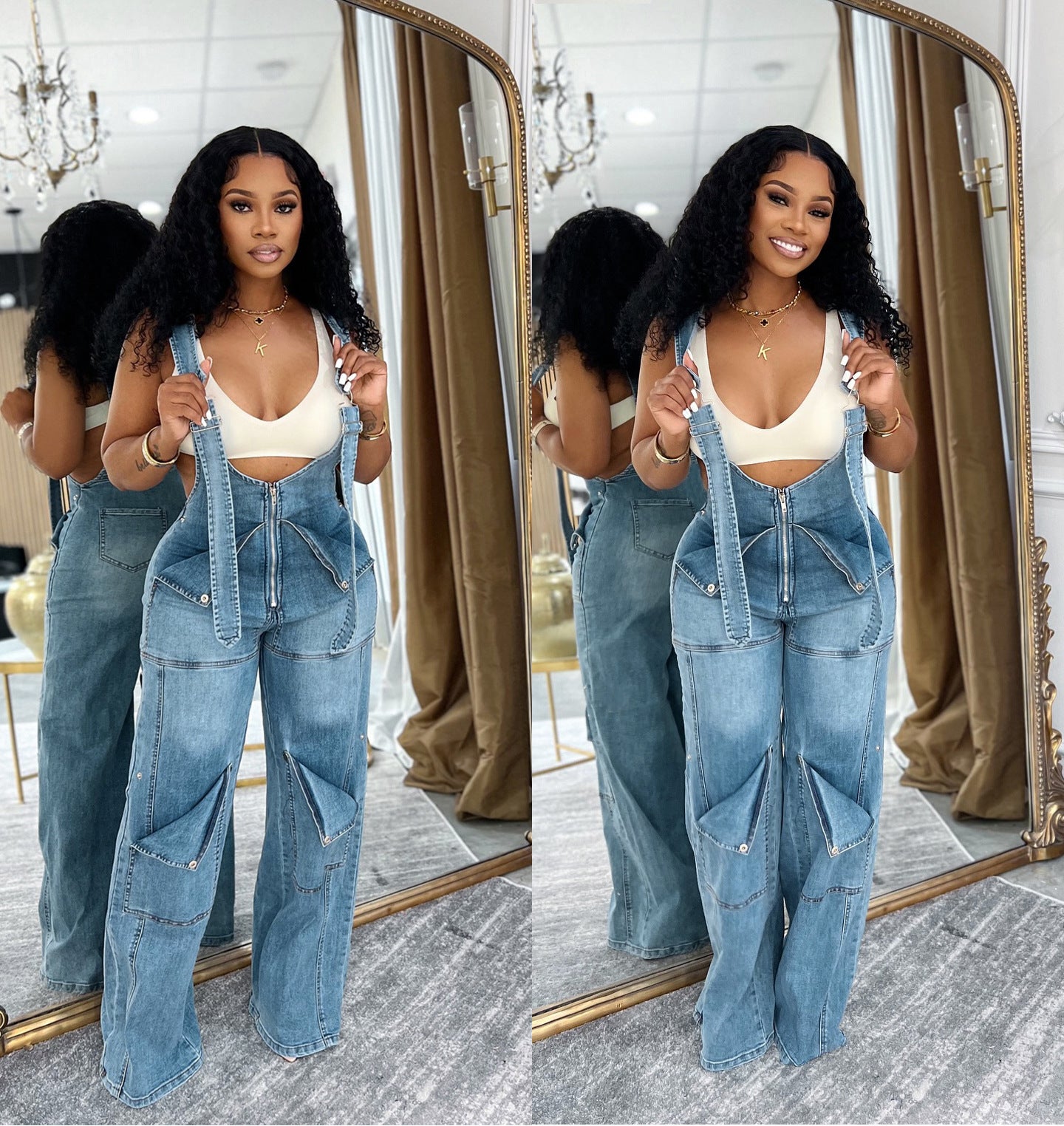 Women's Loose High-Waist Wide-Leg Denim Overalls Jumpsuit