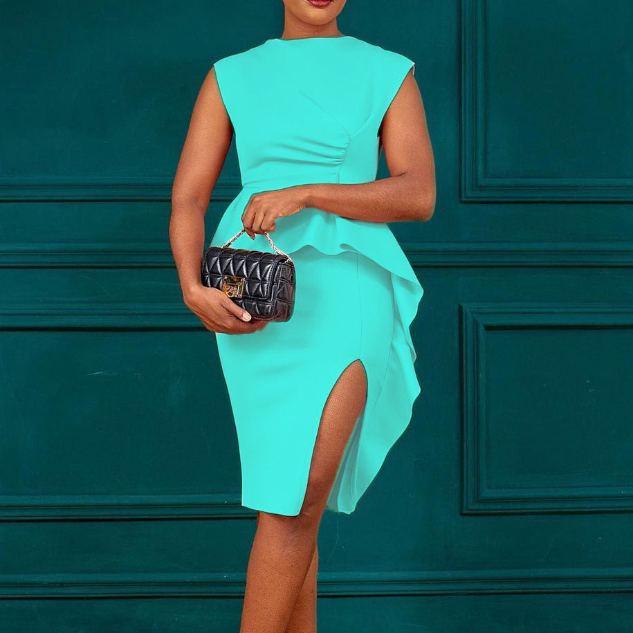 Women Summer Solid Pleated Ruffle Slit Bodycon Dress 3