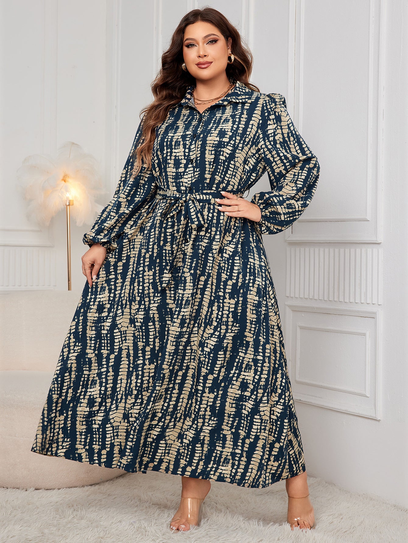 Plus Size Printed Trundown Collar Long-Sleeved Belt Maxi Dress 3