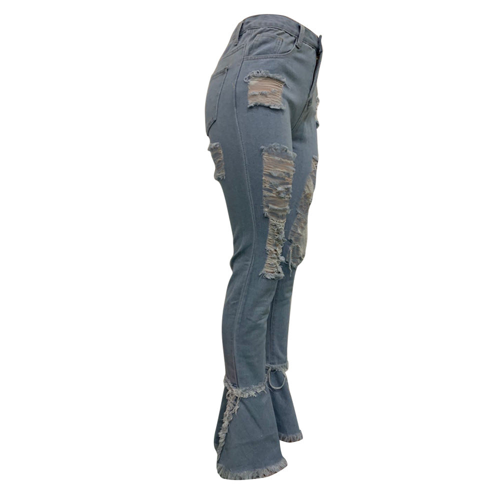 Women's Fringed Ripped Classic Denim Ruffle Trouser 27