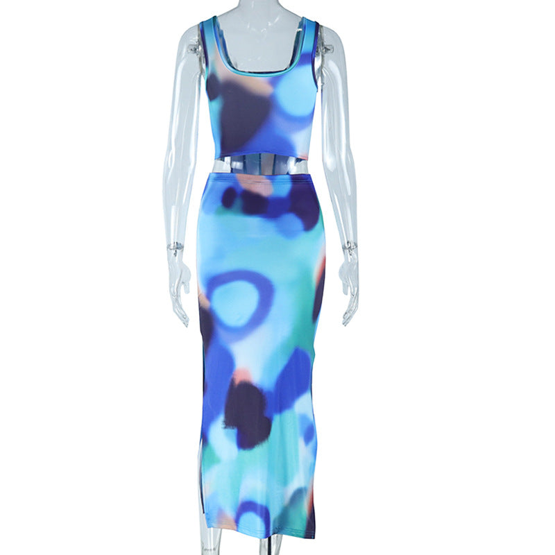 Women Printed Sleeveless Vest Top and Slit Skirt Two-piece Set 11
