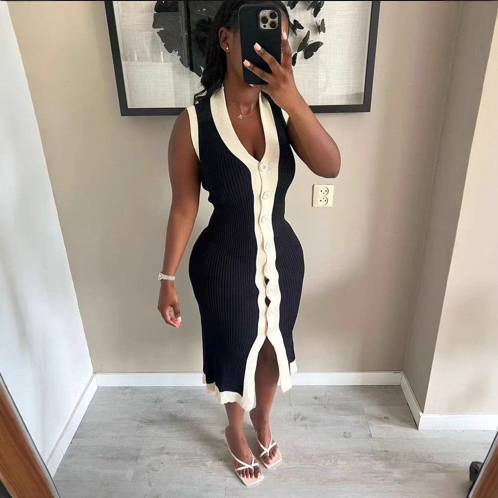 Women contrast Ribbed Single-breasted v-neck sleeveless knitting dress 11