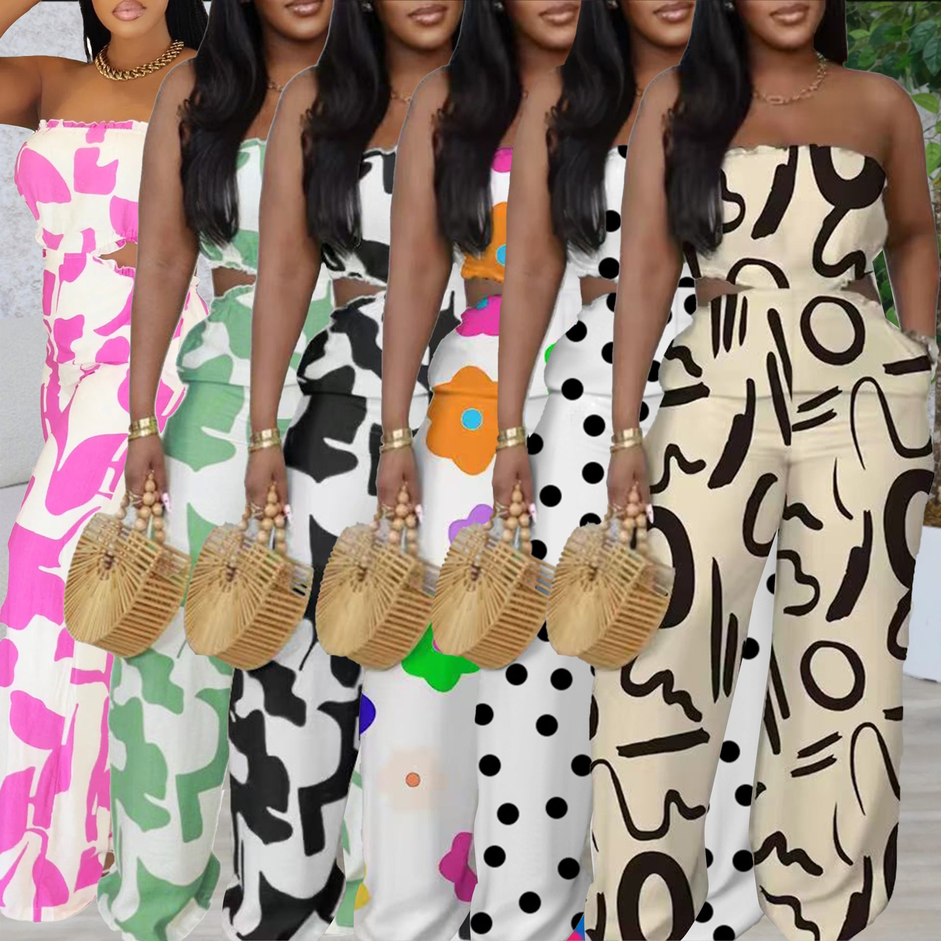 Women Elegant Strapless Printed Wide-leg Jumpsuit 29