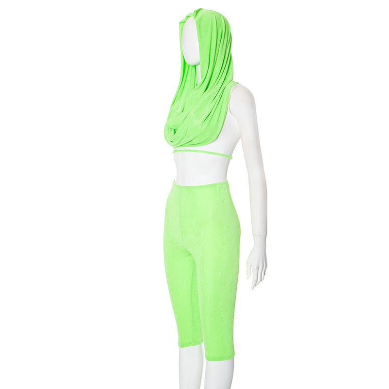 Spring Summer Hooded Top and Knee-Length Shorts Two-Piece Set for Women 11