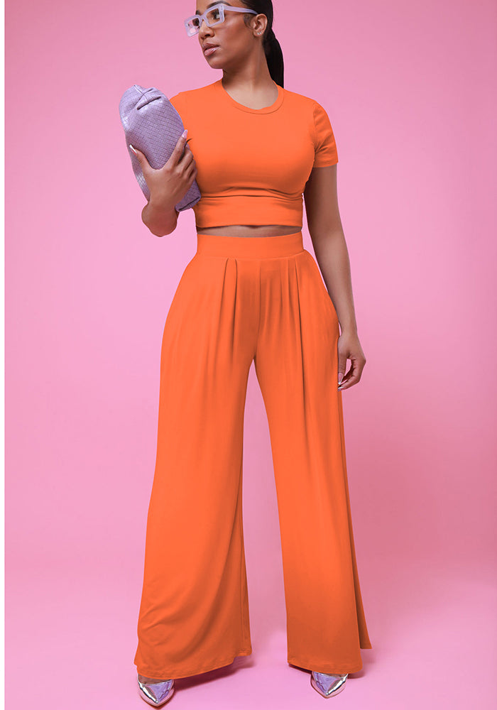 Women's Clothes Summer Fashionable Solid Color Wide Leg Two-Piece Pants Set