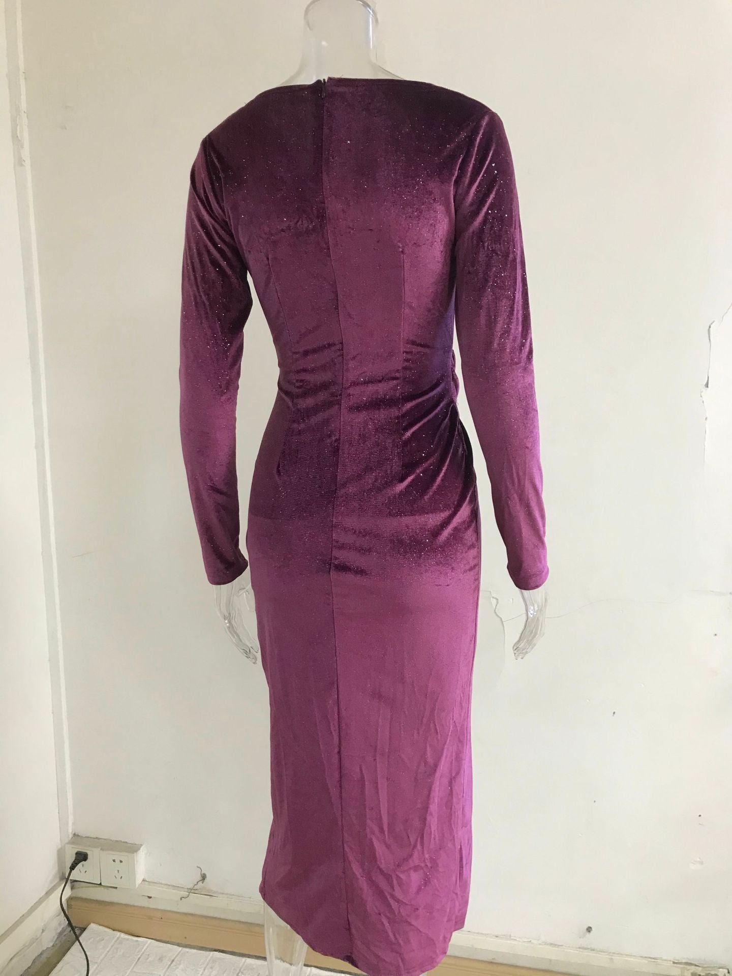 Women Sexy Leg-Exposing Long Sleeve Velvet Dress 28