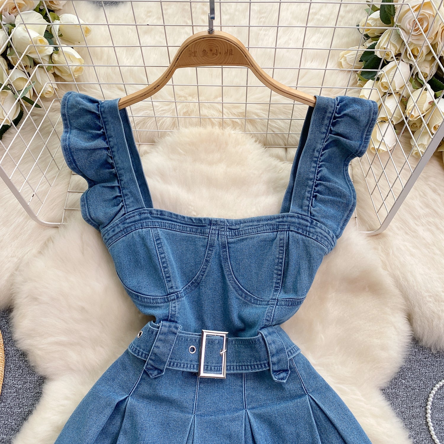 Women's Ruffled Strap Women's Denim A-Line Short Dress 3