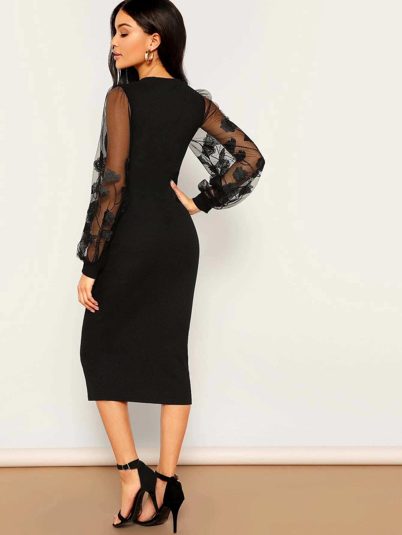 Elegant Mesh Lantern Sleeve Midi Dress 3
