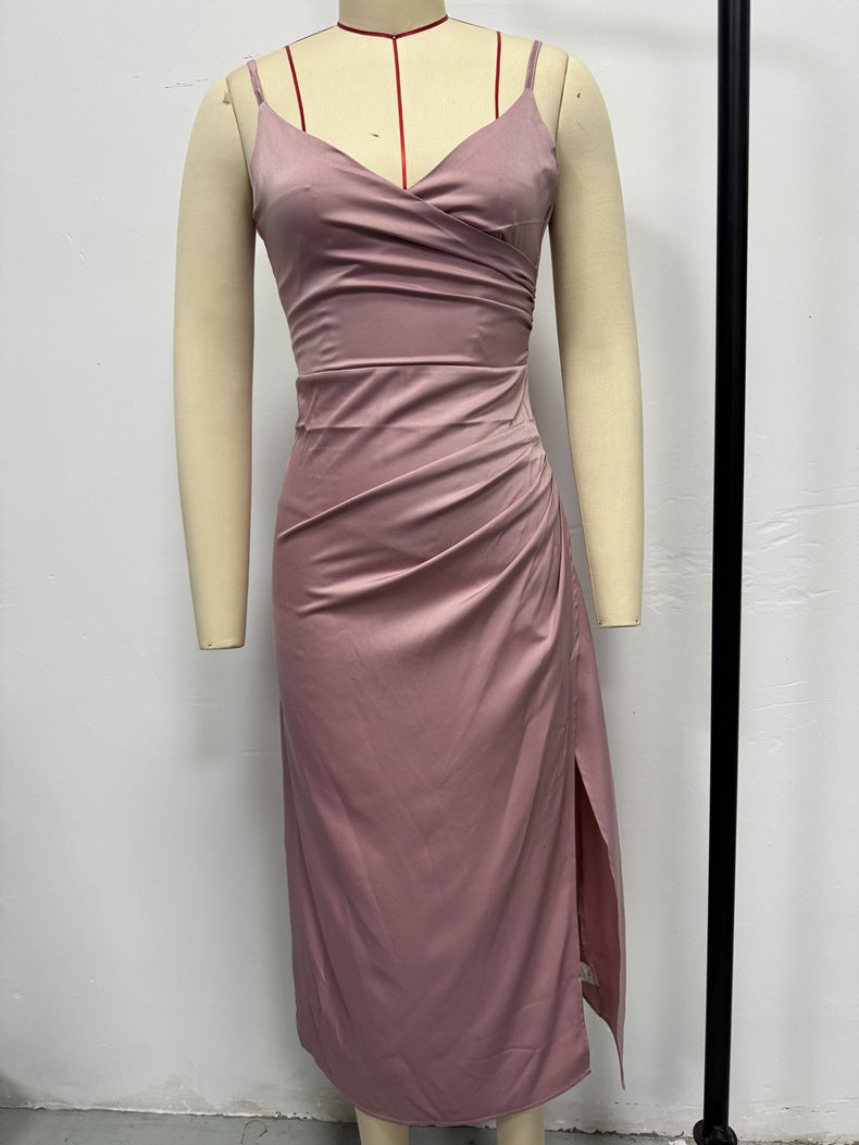 Women's Spring Summer Strap Satin Dress Sexy Pleated Bridesmaid Dress 9