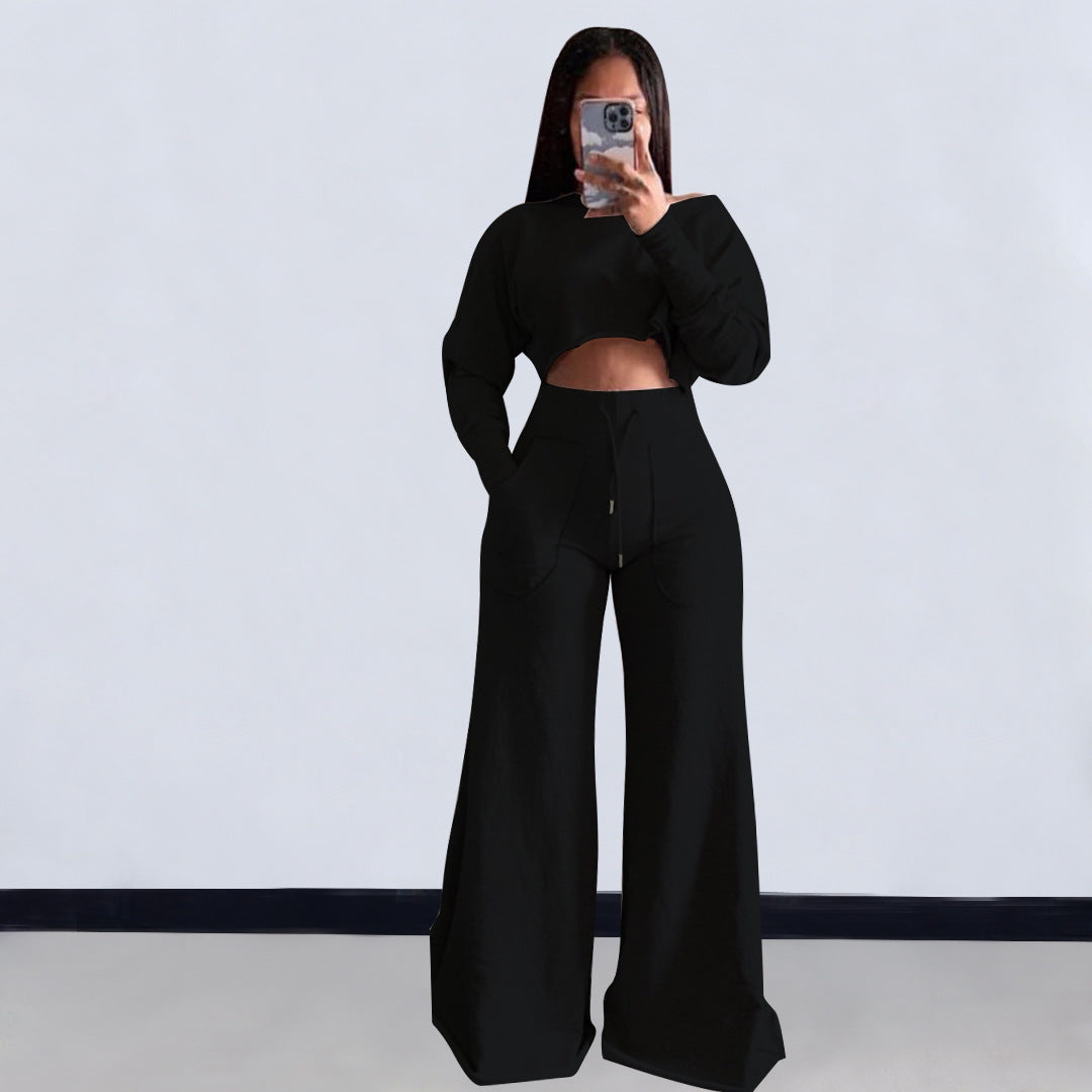 Women Casual Long Sleeve Crop Top and Pocket Pant Two Piece 4