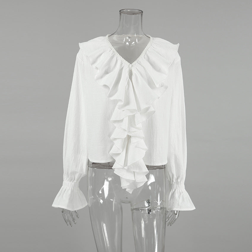 Women Lace Sexy V-Neck Retro Ruffle Shirt 8