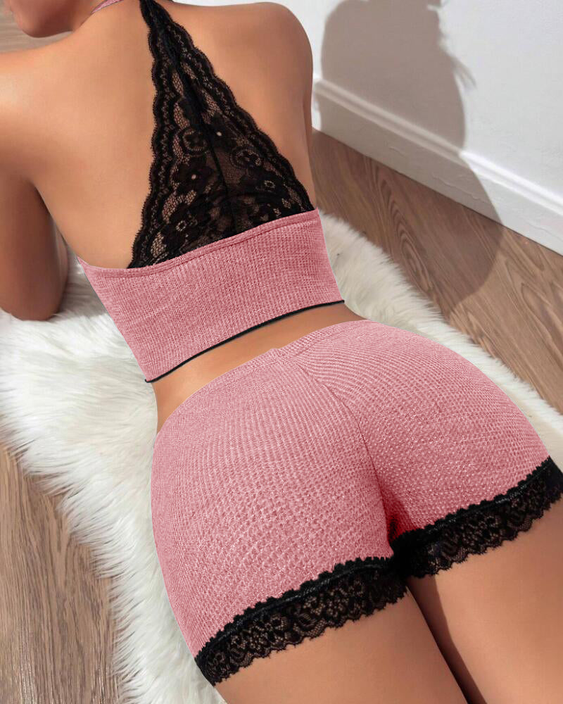 Women contrasting lace patchwork backless waffle casual Pajama two-piece set