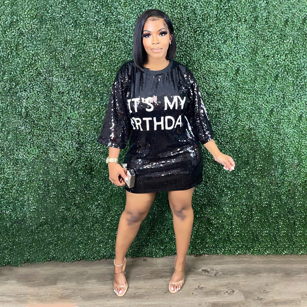 Women Round Neck Half-Sleeve Loose Sequin Print Dress