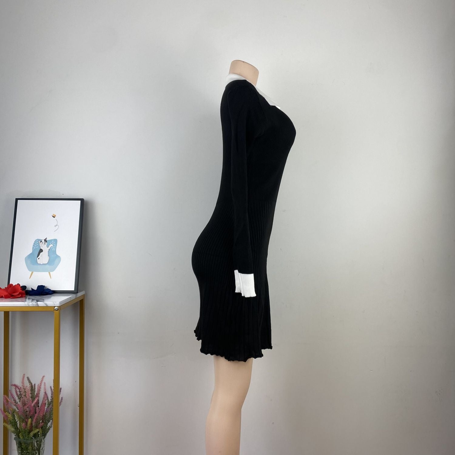 Autumn Casual Chic V-Neck Color Block Slim Fit Stretchy Knit Bodycon Dress 6