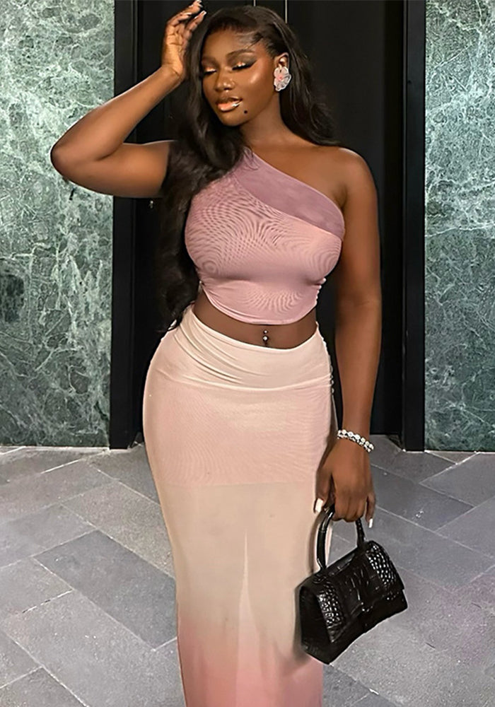 Fashionable Women's Tight Fitting Gradient Slash Shoulder Two-Piece Skirt Set