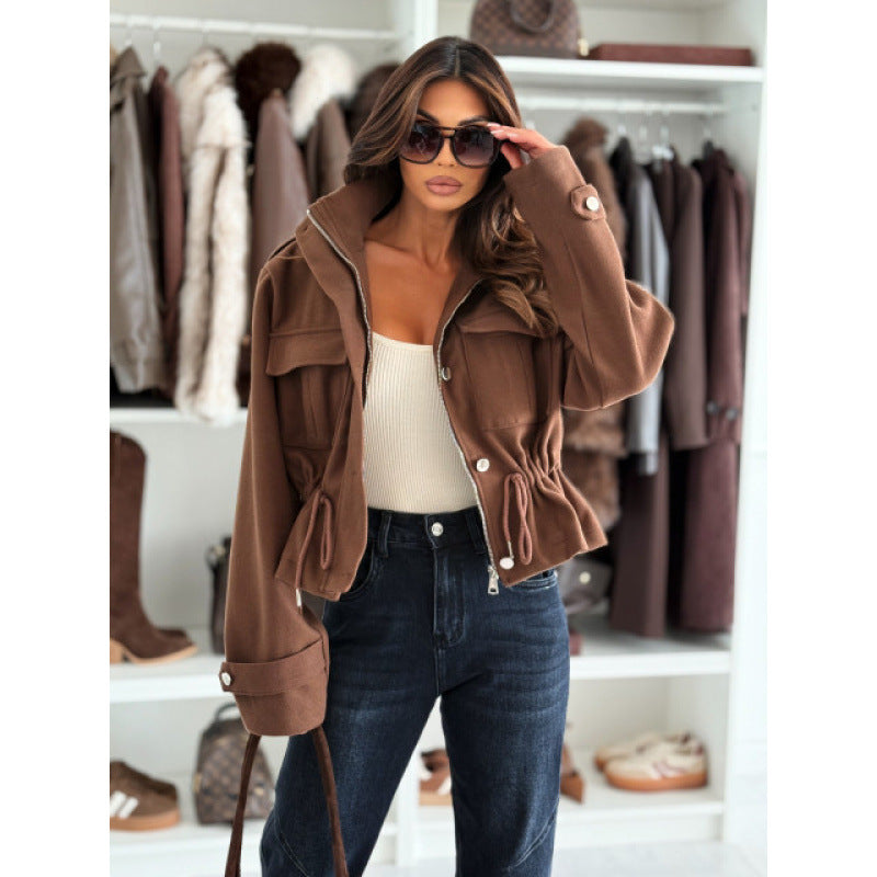 Women's Autumn Winter Drawstring Slim Waist Slim Fit Stand Collar Zipper Short Jacket 7