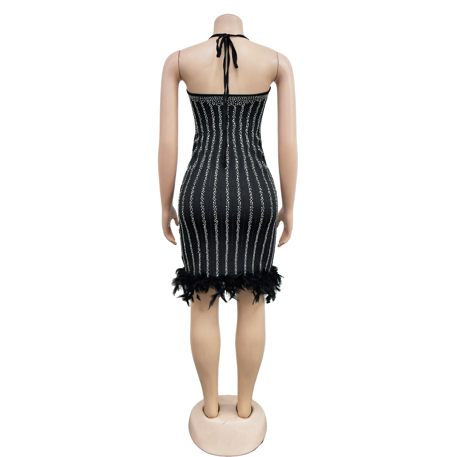 Women's Solid Color Beaded Mesh Feather Lace-Up Dress 28