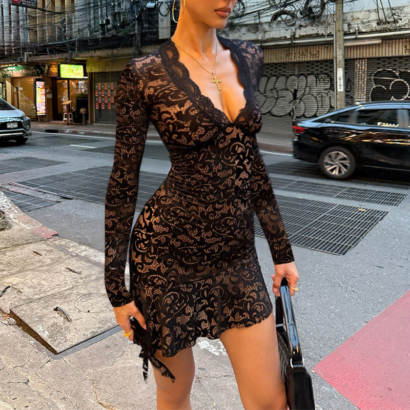 Women Fall Sexy Lace Long-Sleeved Bodycon Dress 4