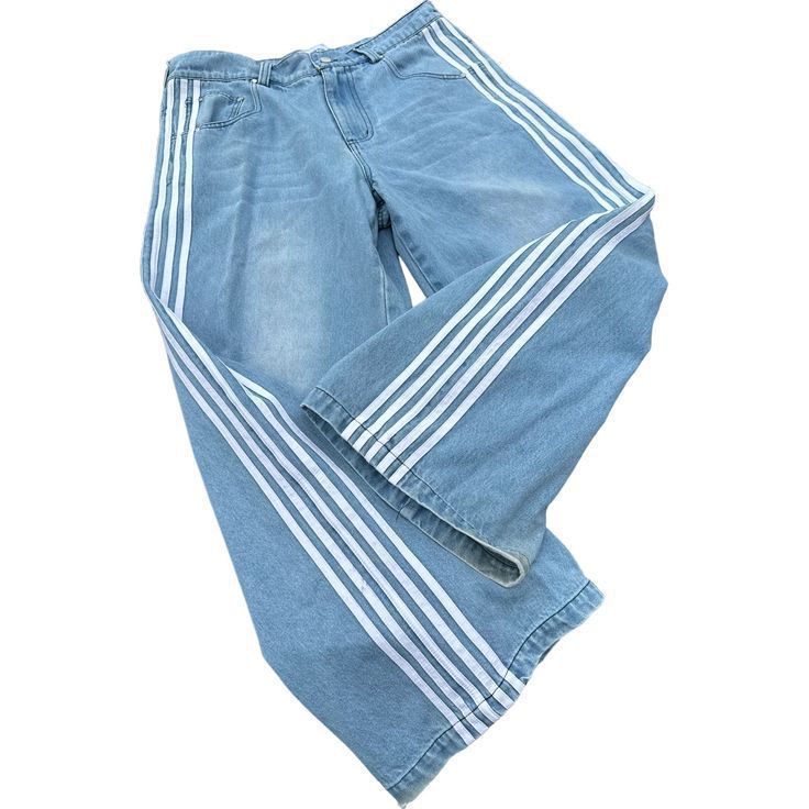 Women American Retro Casual Striped Denim Wide-leg Pants 12