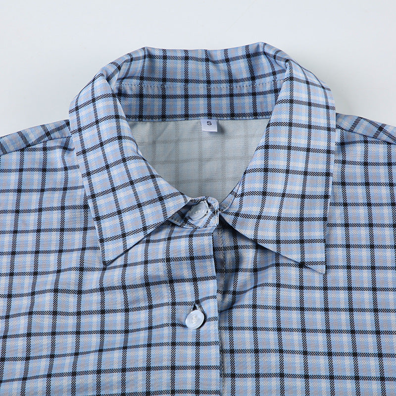 Women Fall Casual Turndown Collar Long Sleeve Top Plaid Shirt 10