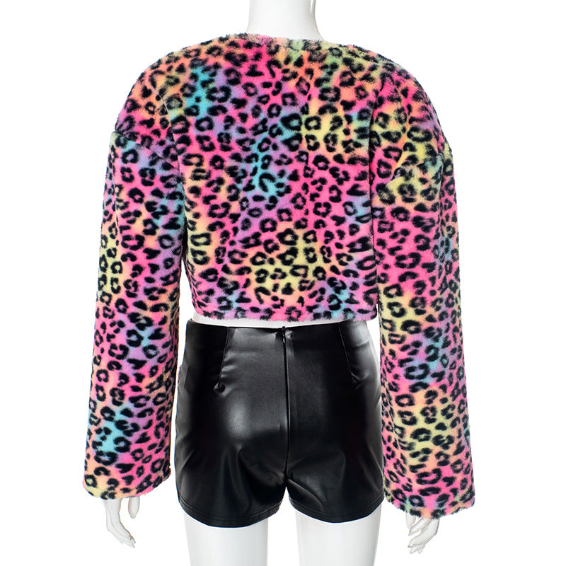 Women autumn Casual leopard plush Patchwork Pu-Leather Top and shorts Two Piece Set 8