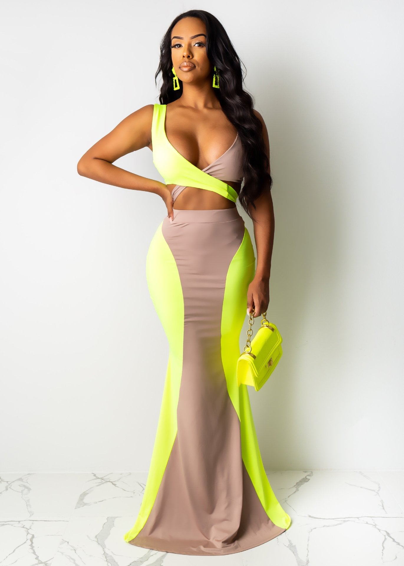 Women Sexy Contrast Color Top and Long Skirt Two-piece Set
