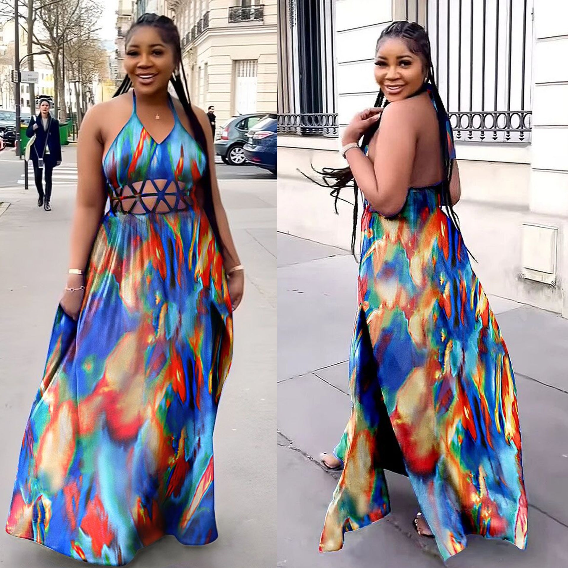 Women Print Cutout Halter Neck Lace-Up Slit Dress 3