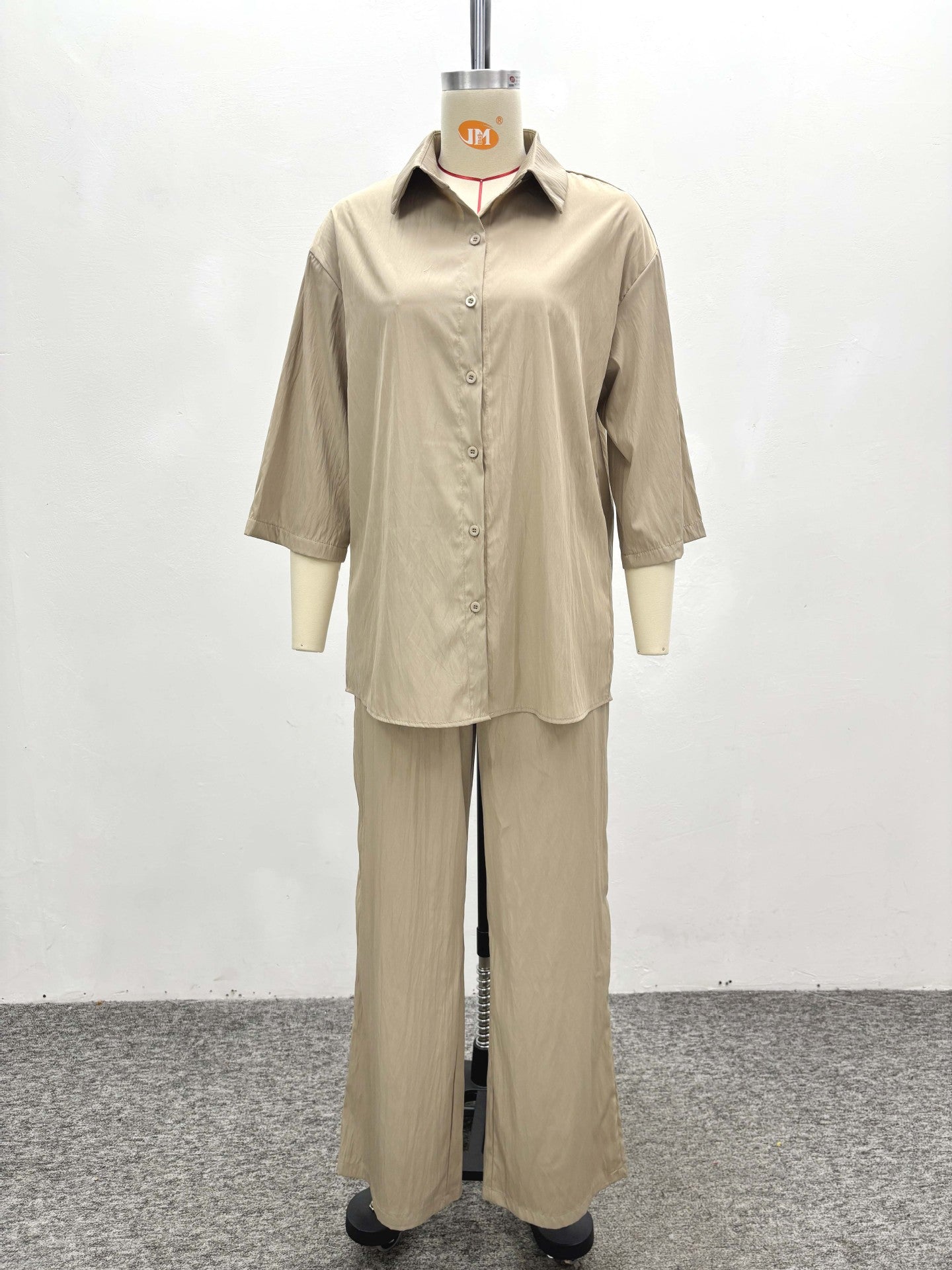 Fashion Women's Solid Color Casual Shirt & Tie Trousers African Two-Piece Summer Set 7