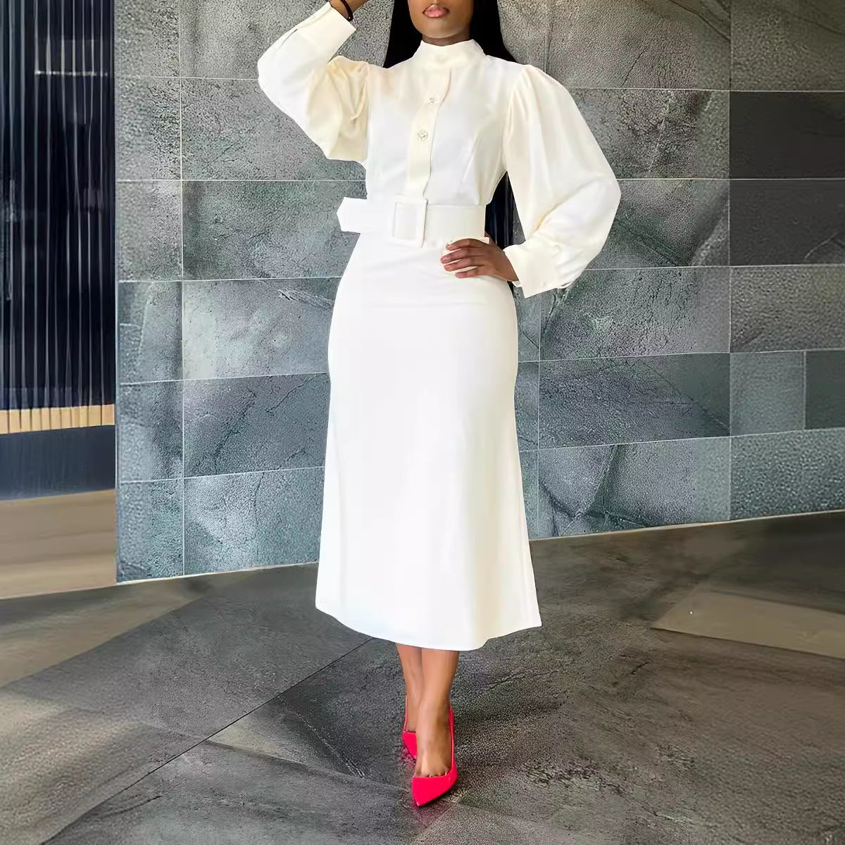 Women Solid Mid-High Neck Long Sleeve Dress