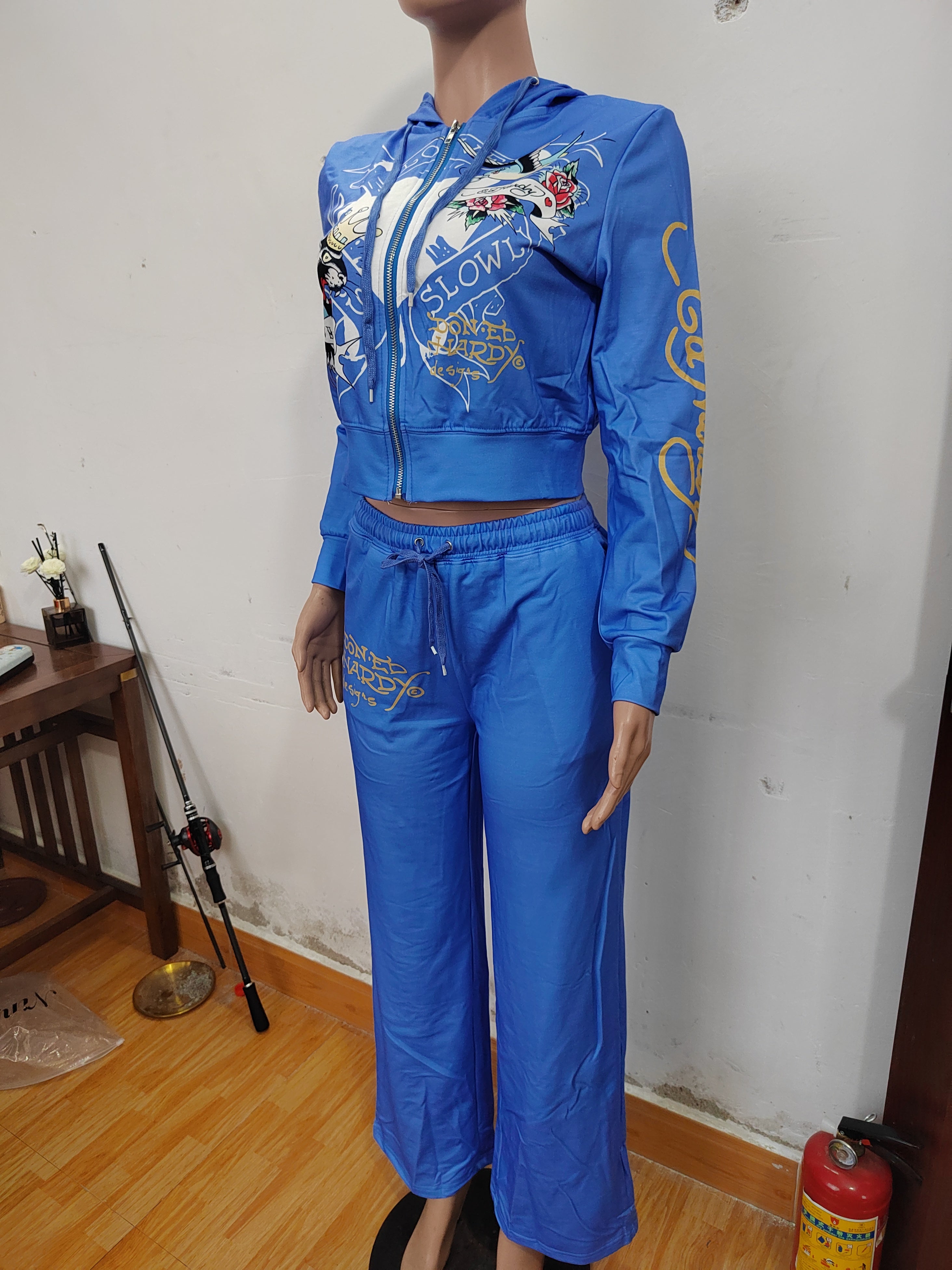 Women's Spring Autumn Print Tracksuit Long Sleeve Hooded Sports Two Piece Pants Set 8