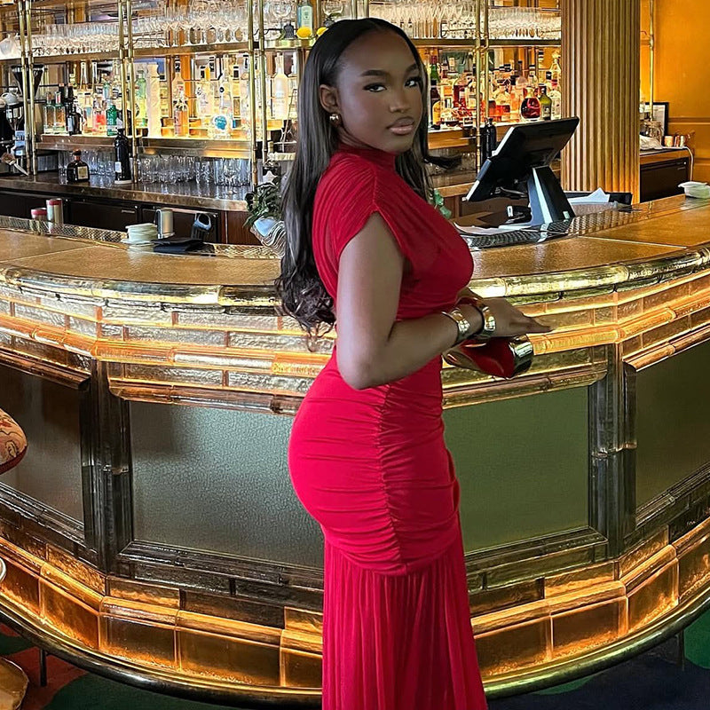 Women Solid Patchwork Sleeveless Turtleneck Pleated Bodycon Dress 4