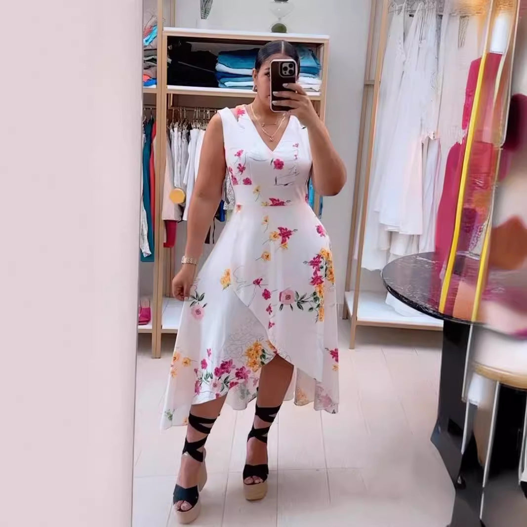 Summer Women Sexy Print V-neck Sleeveless Slit Dress 3