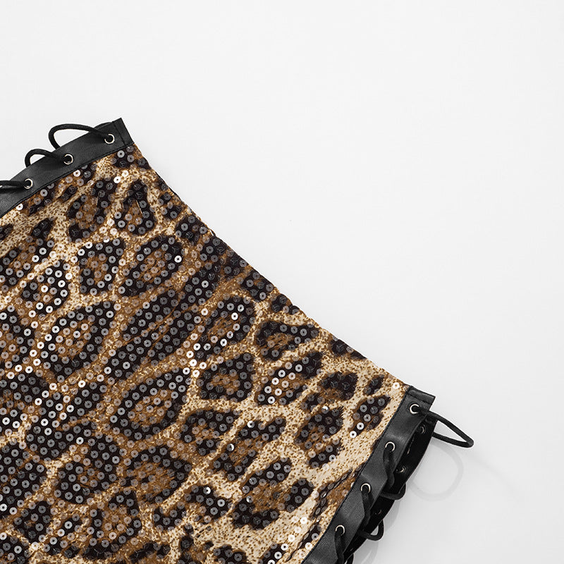 Women's spring and summer leopard print sequin low waist hollow slit Lace-Up skirt 14