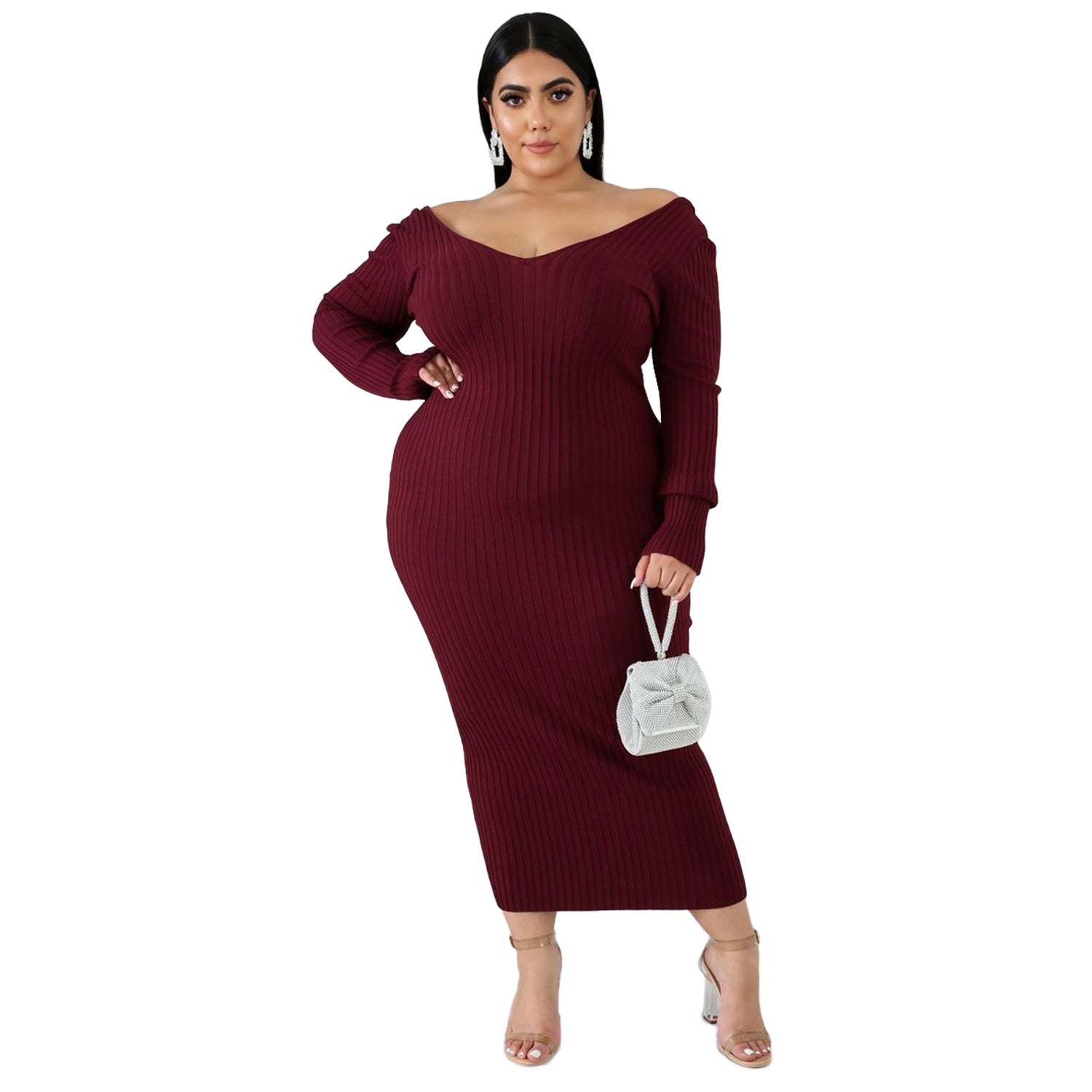 Women Autumn/Winter Solid Long Sleeve Knitting Maxi Dress 23
