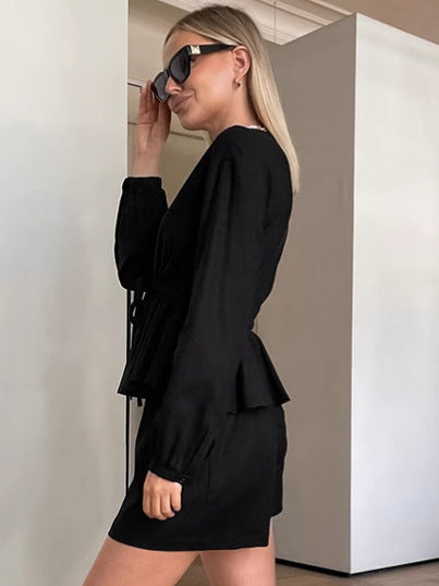 Black V-Neck Linen Long Sleeve Top Shorts Autumn And Winter Fashion Two-Piece Set 5