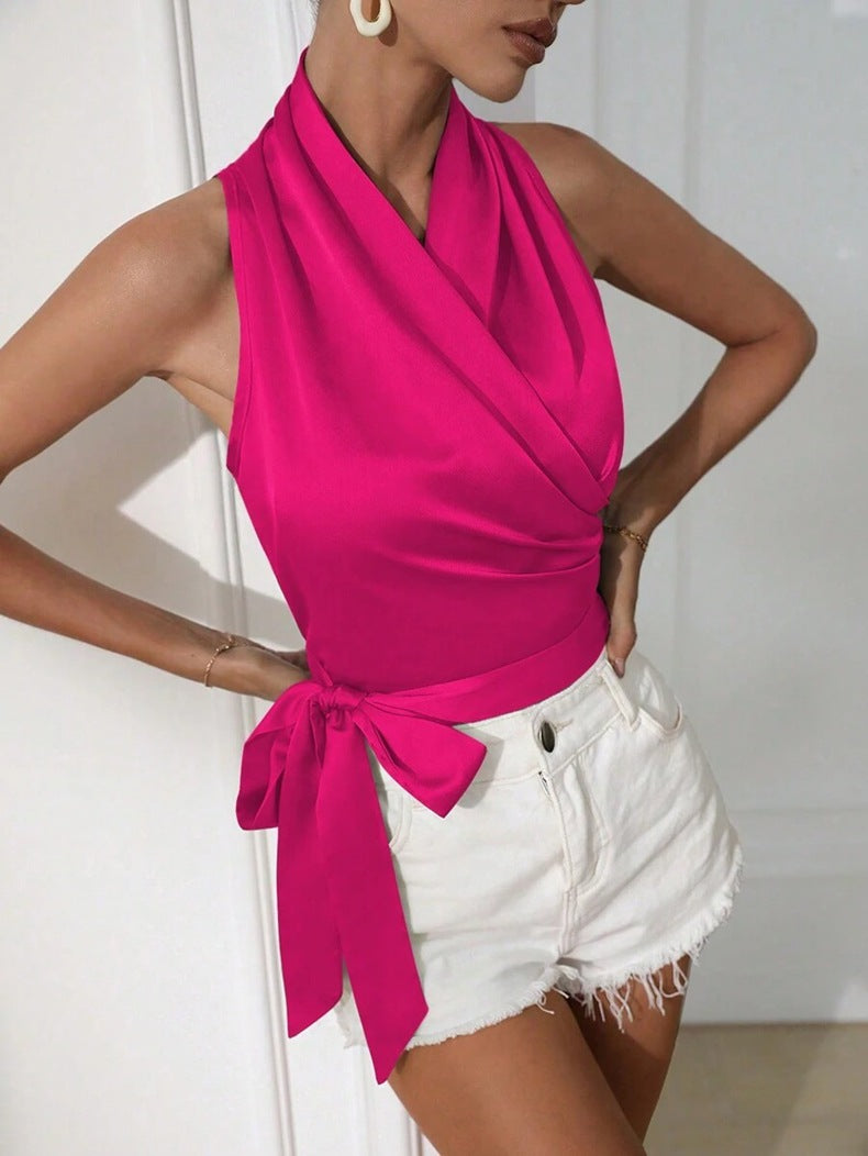 Women satin spring and summer Halter neck Sexy Lace-up Sleeveless Top 40