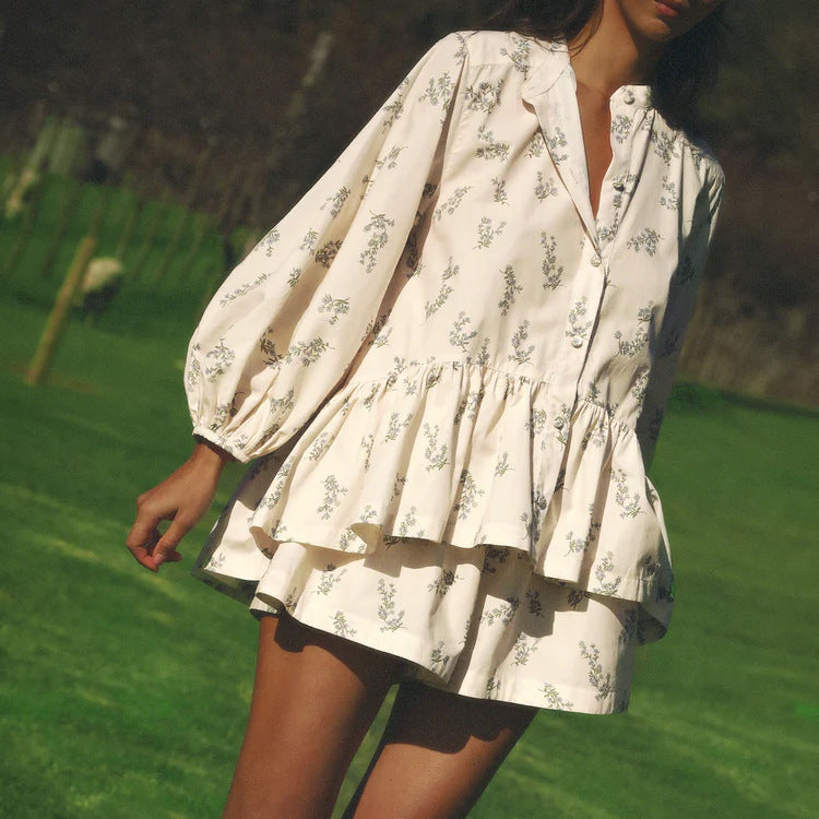 Puff Sleeve Ruffled Puff Shirt Printed Shorts Two Piece Set 5