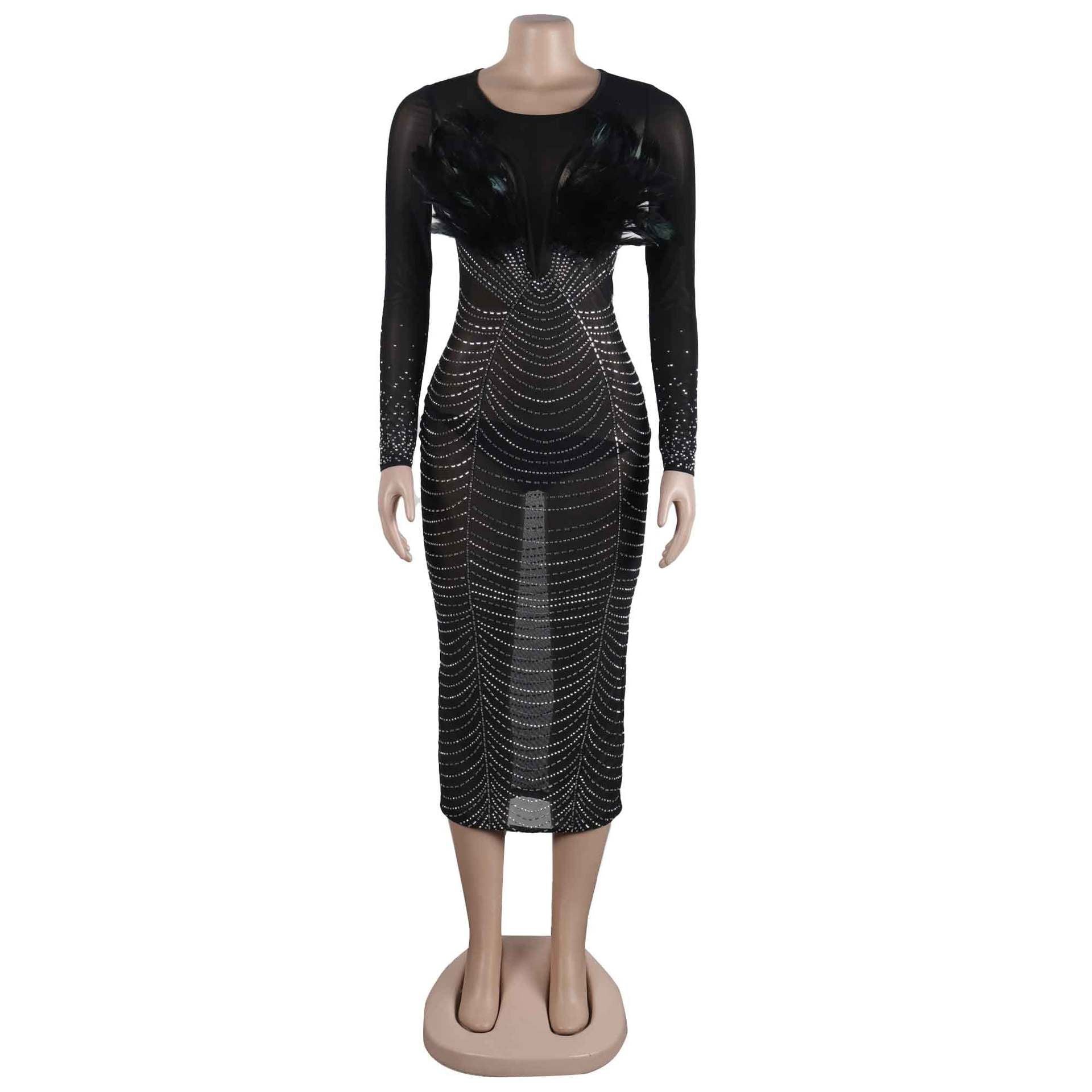 Sexy Feather Beaded See-Through Long Sleeve Patchwork Bodycon Dress 7