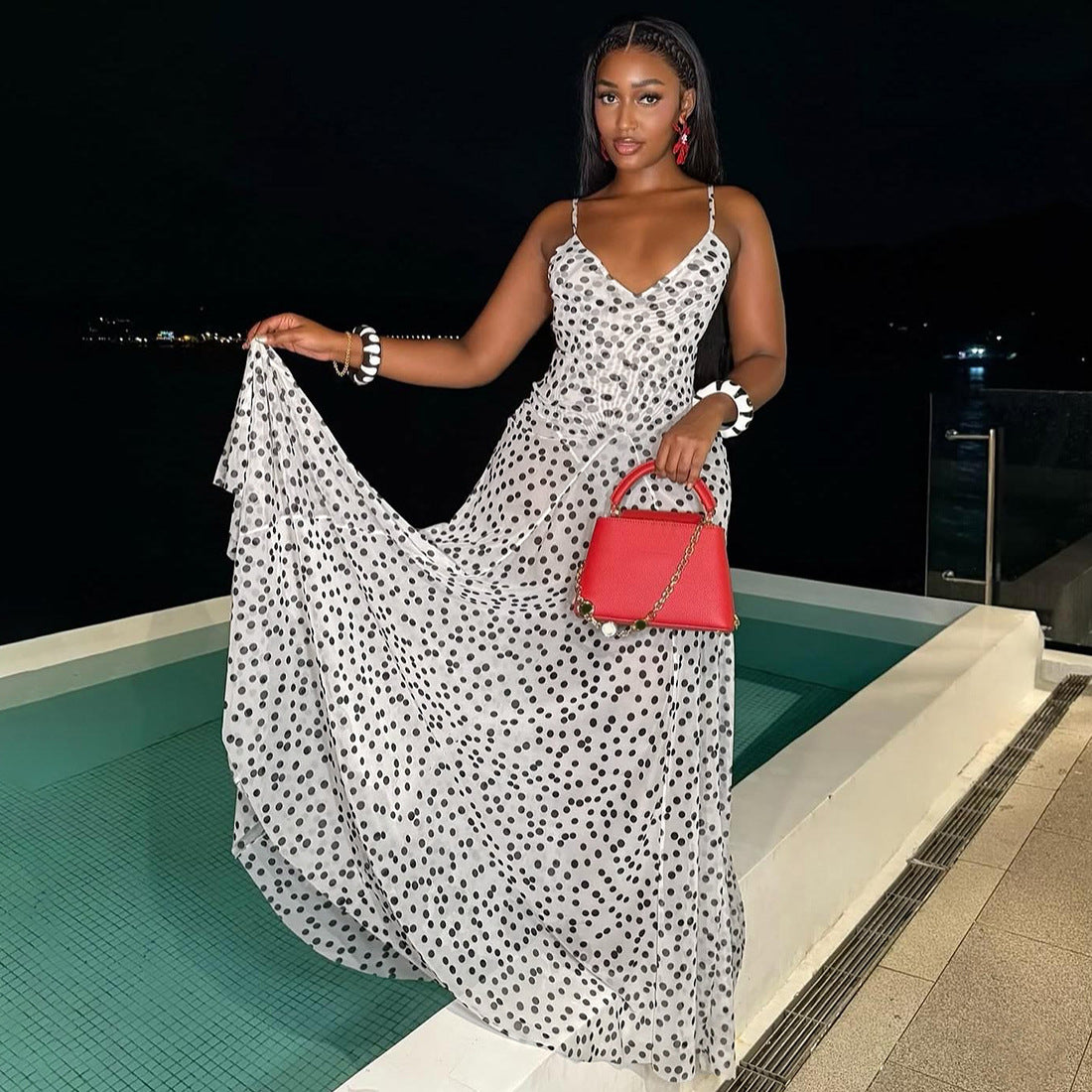 Women's Autumn Trendy Polka Dot Print Sleeveless Strap High-Waisted Dress 3