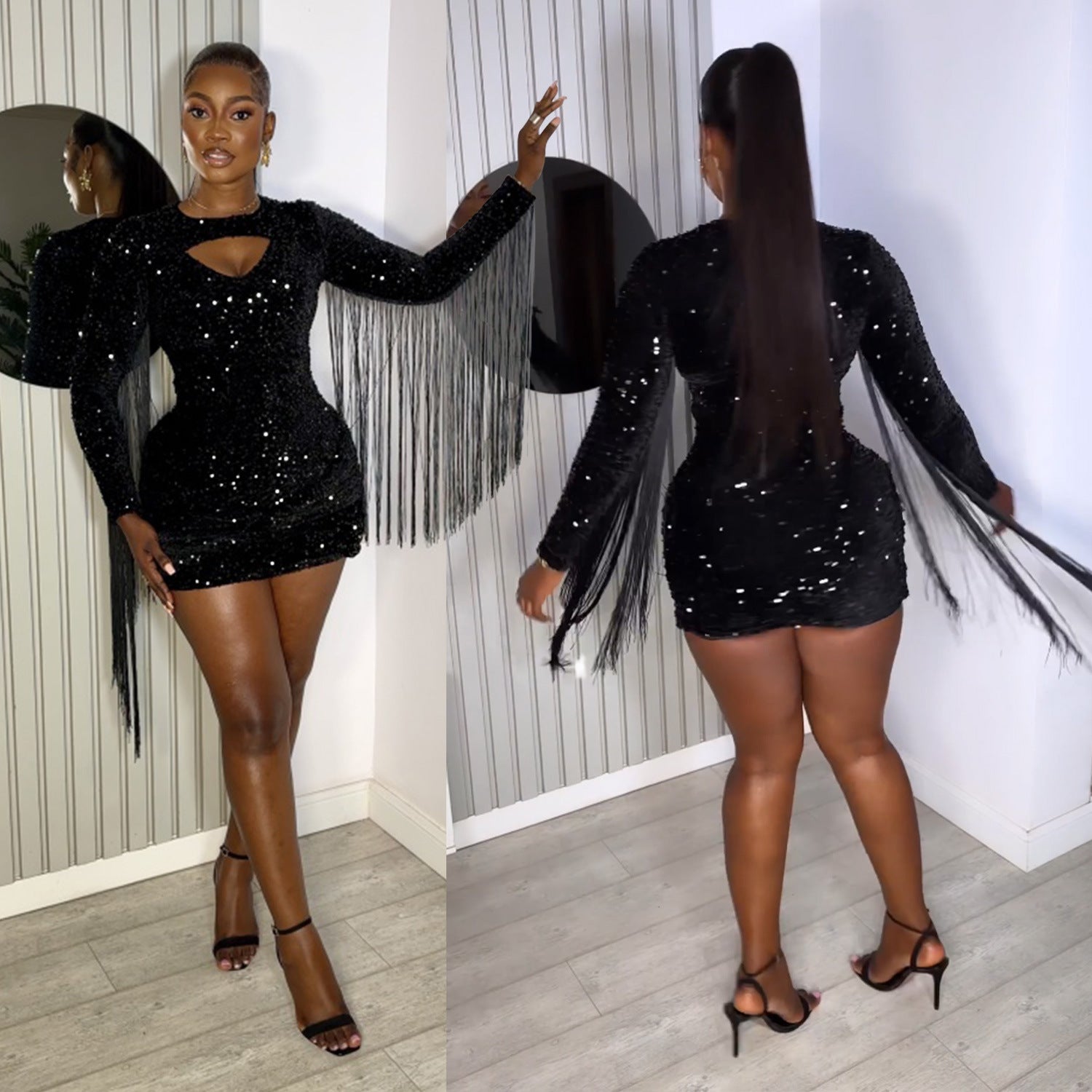 Women Solid Sequined Tassel Long Sleeve Dress 3