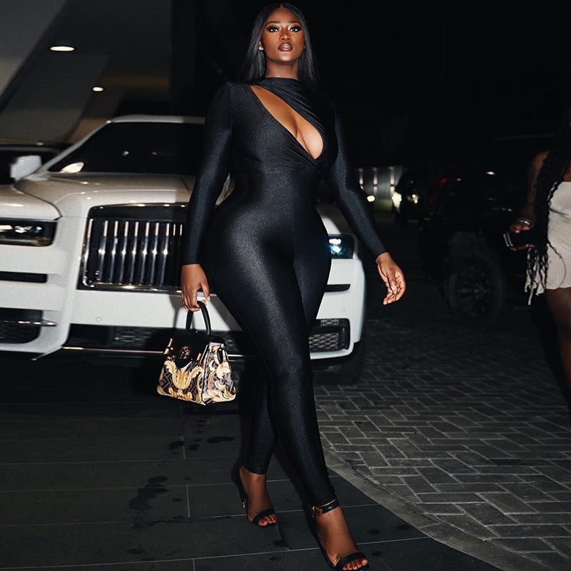 trend Solid color sexy hollow long sleeves Tight Fitting Fitness Jumpsuit 5