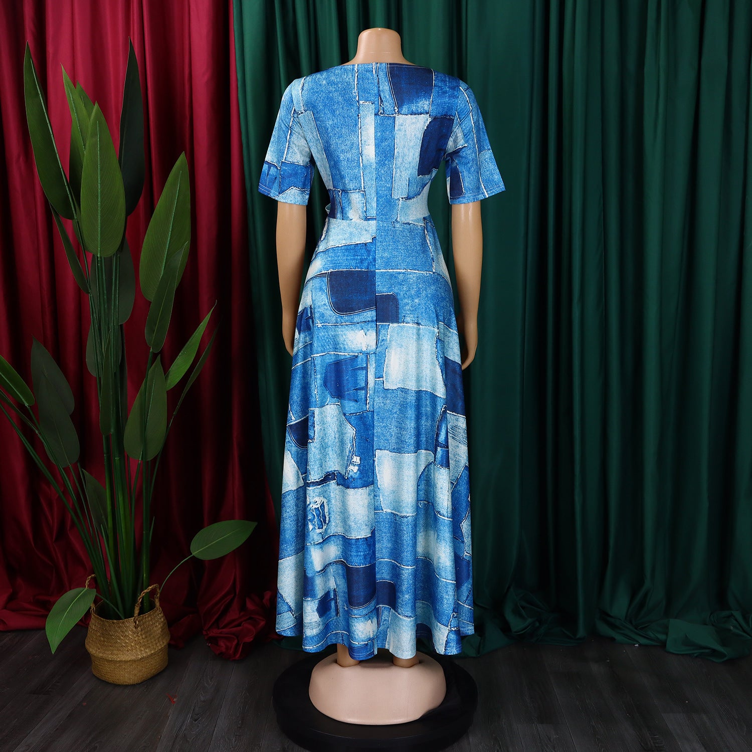 Women's Fashion Chic Tie-Waist African Plus Size Short Sleeve A-Line Dress 18